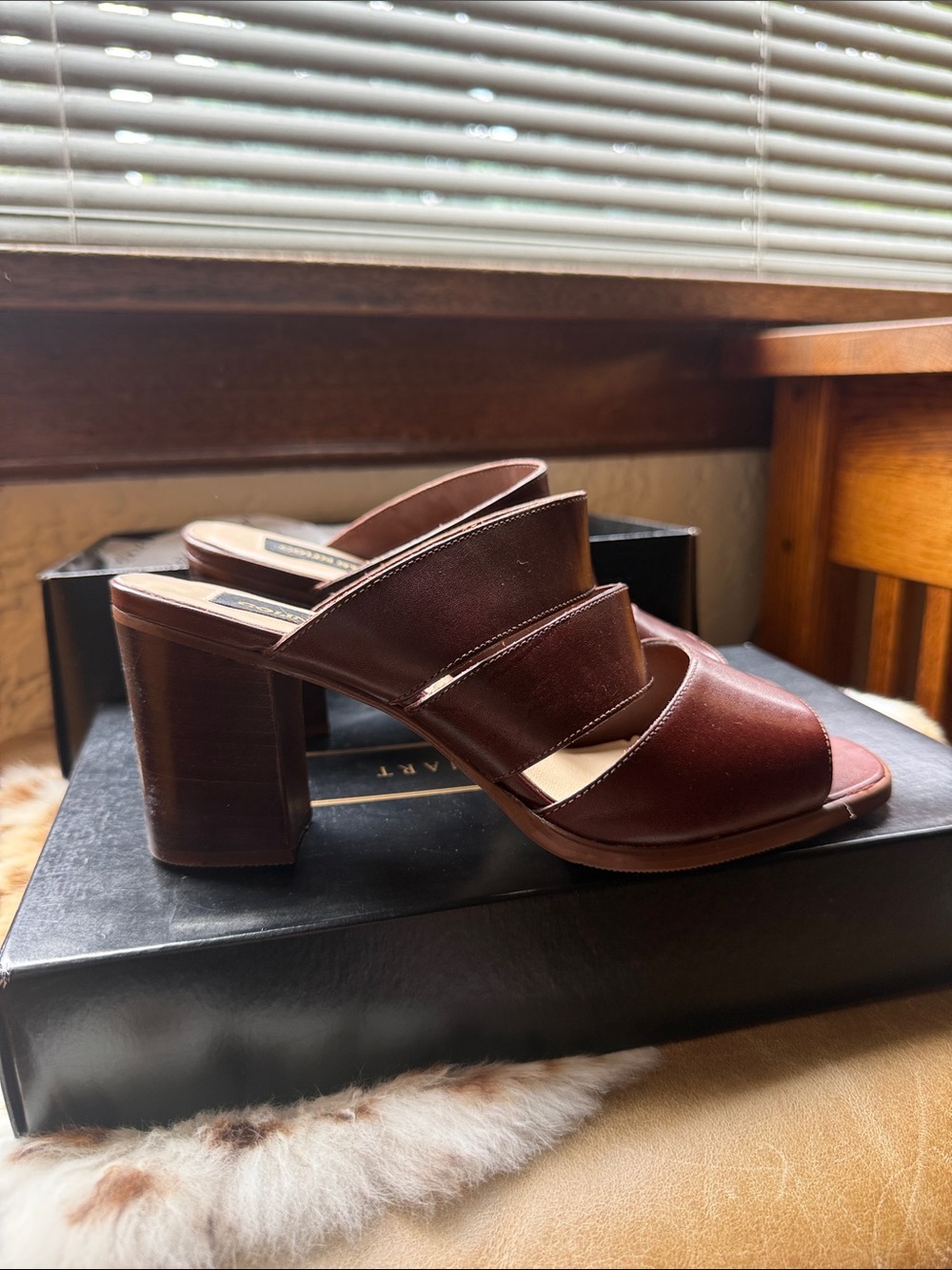 Colin Stuart Triple-Strap Open-Toe Leather Brown Heels